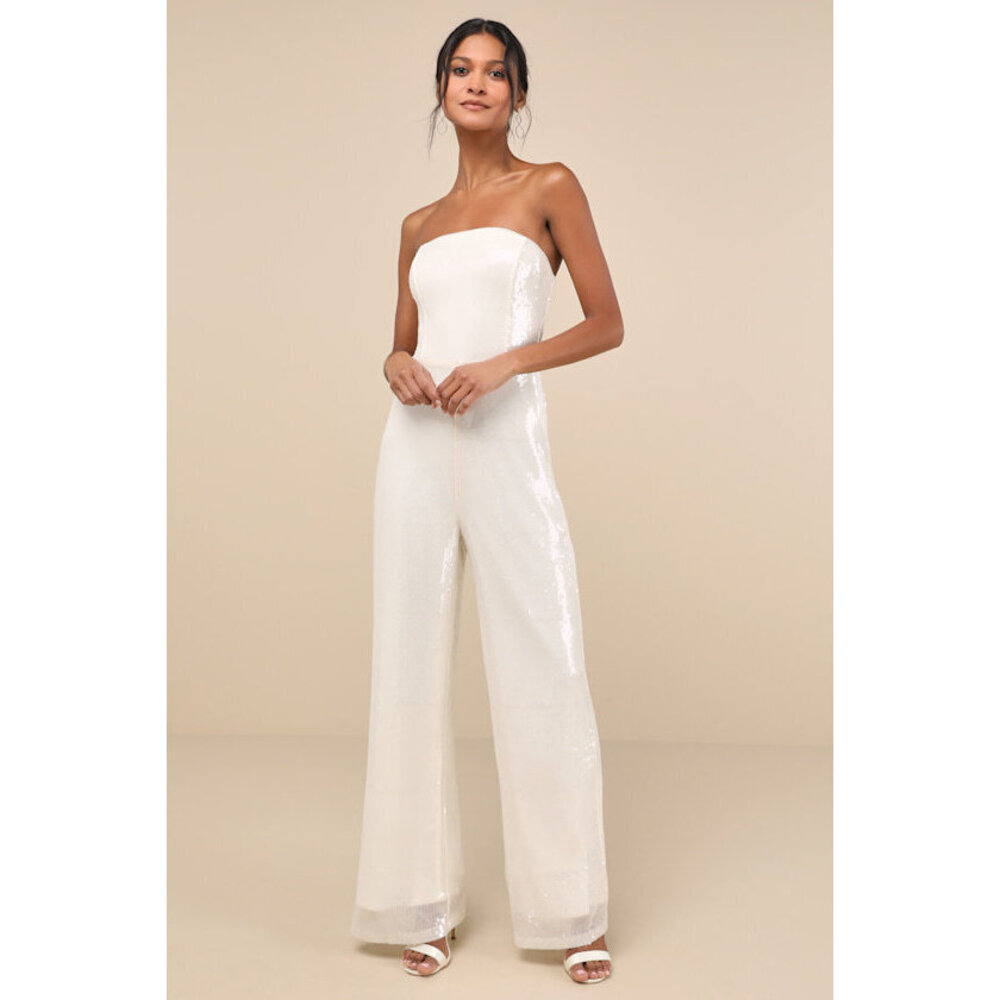 Lulus Cherelle Cream Sequin Strapless Jumpsuit White - Size M